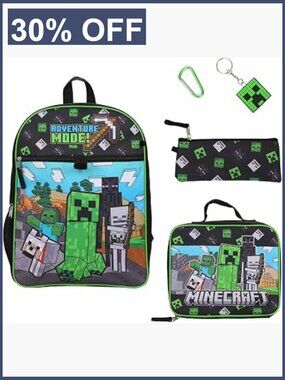 Unisex Minecraft 5-Piece Backpack Set with Lunch Kit & Accessories